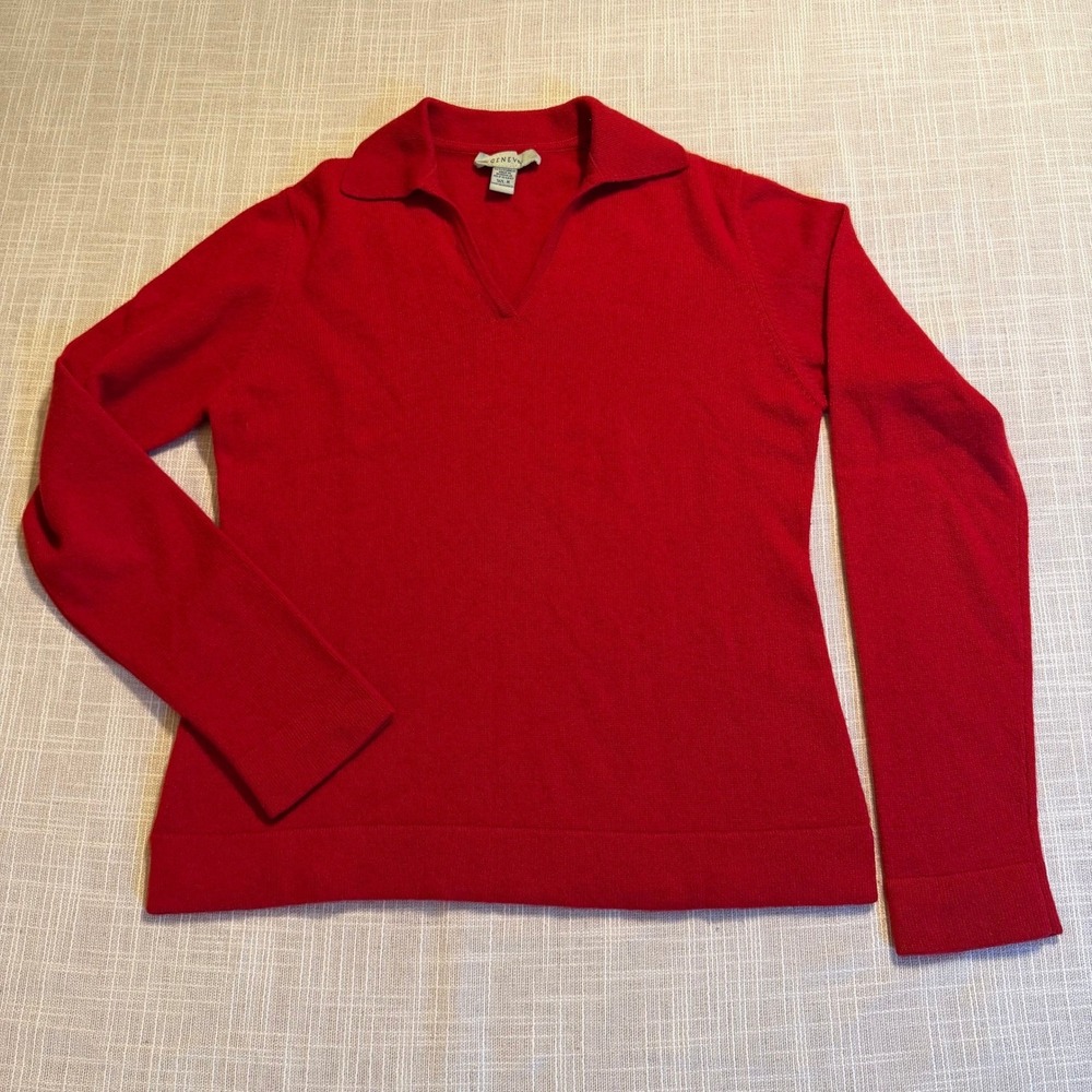 Geneva Red 100% Cashmere Polo V-Neck Long Sleeve Sweater Womens Size Medium